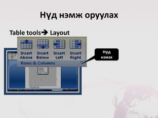 Нүд нэмж оруулах
Table tools Layout

                       Нүд
                      нэмэх
 
