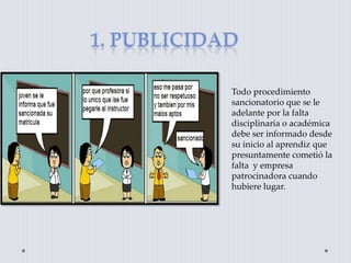 Todo procedimiento
sancionatorio que se le
adelante por la falta
disciplinaria o académica
debe ser informado desde
su inicio al aprendiz que
presuntamente cometió la
falta y empresa
patrocinadora cuando
hubiere lugar.
 