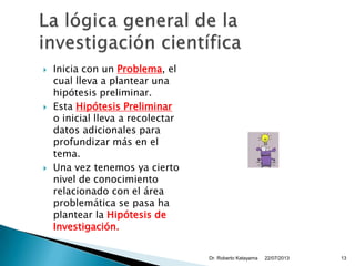  Inicia con un Problema, el
cual lleva a plantear una
hipótesis preliminar.
 Esta Hipótesis Preliminar
o inicial lleva a recolectar
datos adicionales para
profundizar más en el
tema.
 Una vez tenemos ya cierto
nivel de conocimiento
relacionado con el área
problemática se pasa ha
plantear la Hipótesis de
Investigación.
22/07/2013Dr. Roberto Katayama 13
 