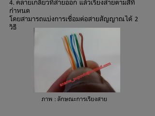 4. คลายเกลียวที่สายออก แล้วเรียงสายตามสีที่
กำาหนด
โดยสามารถแบ่งการเชื่อมต่อสายสัญญาณได้ 2
วิธี
ภาพ : ลักษณะการเรียงสาย
 