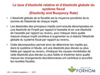 | 20 | « Gestion budgétaire » | 2013
Le taux d’élasticité relative et d’élasticité globale du
système fiscal
(Elasticity a...