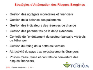 | 55 | « Gestion budgétaire » | 2013
Stratégies d’Atténuation des Risques Exogènes
• Gestion des agrégats monétaires et fi...