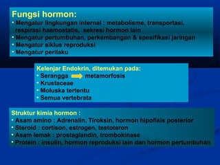 Struktur kimia hormon :
• Asam amino : Adrenalin, Tiroksin, hormon hipofisis posterior
• Steroid : cortison, estrogen, testoteron
• Asam lemak : prostaglandin, trombokinase
• Protein : insulin, hormon reproduksi lain dan hormon pertumbuhan
Kelenjar Endokrin, ditemukan pada:
• Serangga metamorfosis
• Krustaceae
• Moluska tertentu
• Semua vertebrata
Fungsi hormon:
• Mengatur lingkungan internal : metabolisme, transportasi,
respirasi haemostatis, sekresi hormon lain
• Mengatur pertumbuhan, perkembangan & spesifikasi jaringan
• Mengatur siklus reproduksi
• Mengatur perilaku
 