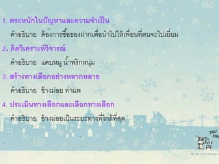 1. ตระหนักในปัญหาและความจําเป็น
คําอธิบาย ต้องการซื้อของฝากเพื่อนําไปให้เพื่อนที่ตนจะไปเยี่ยม
2. คิดวิเคราะห์วิจารณ์
คําอธิบาย แคบหมู นํ้าพริกหนุ่ม
3. สร้างทางเลือกอย่างหลากหลาย
คําอธิบาย ช้างม่อย ท่าแพ
4. ประเมินทางเลือกและเลือกทางเลือก
คําอธิบาย ช้างม่อยเป็นระยะทางที่ใกล้ที่สุด
 