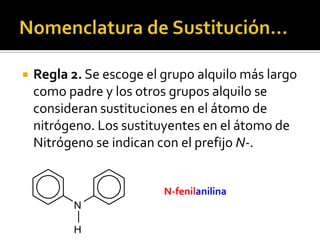  Regla 2. Se escoge el grupo alquilo más largo
como padre y los otros grupos alquilo se
consideran sustituciones en el átomo de
nitrógeno. Los sustituyentes en el átomo de
Nitrógeno se indican con el prefijo N-.
N-fenilanilina
N
H
 