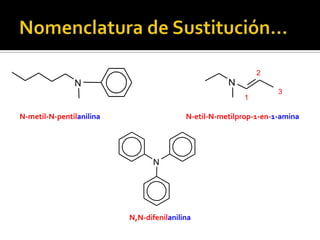 N-metil-N-pentilanilina
N
1
2
3
N-etil-N-metilprop-1-en-1-amina
N,N-difenilanilina
N
N
 