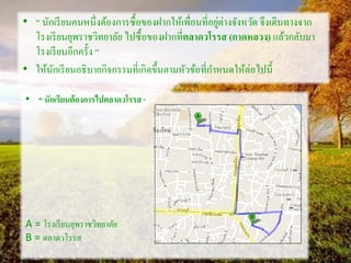 • “ นักเรียนคนหนึ่งต้องการซื้อของฝากให้เพื่อนที่อยู่ต่างจังหวัด จึงเดินทางจาก
โรงเรียนยุพราชวิทยาลัย ไปซื้อของฝากที่ตลาดวโรรส (กาดหลวง) แล้วกลับมา
โรงเรียนอีกครั้ง “
• ให้นักเรียนอธิบายกิจกรรมที่เกิดขึ้นตามหัวข้อที่กาหนดให้ต่อไปนี้
• “ นักเรียนต้องการไปตลาดวโรรส “
A = โรงเรียนยุพราชวิทยาลัย
B = ตลาดวโรรส
 