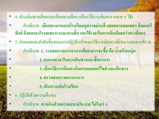 • 4. ประเมินทางเลือกและเลือกทางเลือก (เลือกวิธีการเดินทาง หลาย ๆ วิธี)
• คาอธิบาย เลือกทางแรกจากโรงเรียนยุพราชผ่านสี่ แยกตลาดสมเพชร สี่แยกศรี
พิงค์ ถึงตลาดวโรรสเพราะระยะทางสั้น และใช้เวลาในการเดินน้อยกว่าทางที่สอง
• 5. กาหนดและลาดับขั้นตอนการปฏิบัติ (กาหนดวิธีการเดินทางที่เหมาะสมจากข้อ4)
• คาอธิบาย 1. วางแผนรายการอาหารที่ตองการจะซื้อ คือ น้าพริกหนุ่ม
• 2. กาหนดเวลาในการเดินทางและซื้ออาหาร
• 3. เลือกวิธีการเดินทางโดยรถมอเตอร์ไซต์ และเดินทาง
• 4. ตรวจสอบรายการอาหาร
• 5. เดินทางกลับโรงเรียน
• 6. ปฏิบัติด้วยความชื่นชม
• คาอธิบาย ทางเดินด้วยความสบายใจ กาย ไม่รีบเร่ ง
 