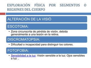 ALTERACIÓN DE LA VISIÓ
ESCOTOMA:
• Zona circunscrita de pérdida de visión, debida
generalmente a una lesión en la retina.
DISCROMATOPSIA:
• Dificultad o incapacidad para distinguir los colores.
FOTOFOBIA:
• Sensibilidad a la luz; Visión sensible a la luz; Ojos sensibles
a luz ..
EXPLORACIÓN FÍSICA POR SEGMENTOS O
REGIONES DEL CUERPO
 