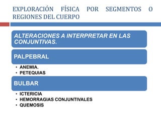 ALTERACIONES A INTERPRETAR EN LAS
CONJUNTIVAS.
PALPEBRAL
• ANEMIA.
• PETEQUIAS
BULBAR
• ICTERICIA
• HEMORRAGIAS CONJUNTIVALES
• QUEMOSIS
EXPLORACIÓN FÍSICA POR SEGMENTOS O
REGIONES DEL CUERPO
 