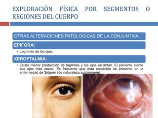 OTRAS ALTERACIONES PATOLOGICAS DE LA CONJUNTIVA.
EPIFORA:
• Lagrimeo de los ojos.
XEROFTALMIA:
• Existe menor producción de lágrimas y los ojos se irritan. El paciente siente
sus ojos más secos. Es frecuente que esta condición se presente en la
enfermedad de Sjögren (de naturaleza autoinmune).
EXPLORACIÓN FÍSICA POR SEGMENTOS O
REGIONES DEL CUERPO
 