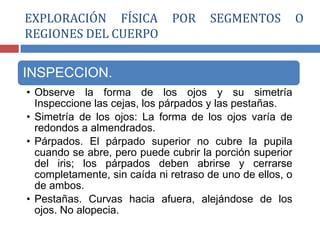 INSPECCION.
• Observe la forma de los ojos y su simetría
Inspeccione las cejas, los párpados y las pestañas.
• Simetría de los ojos: La forma de los ojos varía de
redondos a almendrados.
• Párpados. El párpado superior no cubre la pupila
cuando se abre, pero puede cubrir la porción superior
del iris; los párpados deben abrirse y cerrarse
completamente, sin caída ni retraso de uno de ellos, o
de ambos.
• Pestañas. Curvas hacia afuera, alejándose de los
ojos. No alopecia.
EXPLORACIÓN FÍSICA POR SEGMENTOS O
REGIONES DEL CUERPO
 