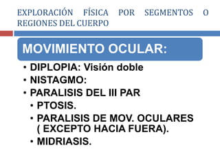 MOVIMIENTO OCULAR:
• DIPLOPIA: Visión doble
• NISTAGMO:
• PARALISIS DEL III PAR
• PTOSIS.
• PARALISIS DE MOV. OCULARES
( EXCEPTO HACIA FUERA).
• MIDRIASIS.
EXPLORACIÓN FÍSICA POR SEGMENTOS O
REGIONES DEL CUERPO
 