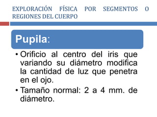 Pupila:
• Orificio al centro del iris que
variando su diámetro modifica
la cantidad de luz que penetra
en el ojo.
• Tamaño normal: 2 a 4 mm. de
diámetro.
EXPLORACIÓN FÍSICA POR SEGMENTOS O
REGIONES DEL CUERPO
 