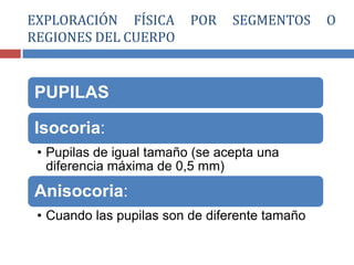 PUPILAS
Isocoria:
• Pupilas de igual tamaño (se acepta una
diferencia máxima de 0,5 mm)
Anisocoria:
• Cuando las pupilas son de diferente tamaño
EXPLORACIÓN FÍSICA POR SEGMENTOS O
REGIONES DEL CUERPO
 
