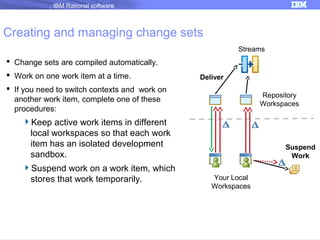 IBM Rational software

Creating and managing change sets
Streams

 Change sets are compiled automatically.
 Work on one work item at a time.

Deliver

 If you need to switch contexts and work on
another work item, complete one of these
procedures:

Keep active work items in different
local workspaces so that each work
item has an isolated development
sandbox.
Suspend work on a work item, which
stores that work temporarily.

Repository
Workspaces

Suspend
Work
Your Local
Workspaces

 