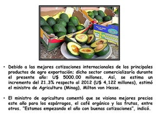 • Debido a las mejores cotizaciones internacionales de los principales
productos de agro exportación; dicho sector comercializaría durante
el presente año: U$ 5000.00 millones. Así, se estima un
incremento del 21.3% respecto al 2012 (U$ 4,122 millones), estimó
el ministro de Agricultura (Minag), Milton von Hesse.
• El ministro de agricultura comentó que se visiona mejores precios
este año para los espárragos, el café orgánico y las frutas, entre
otros. “Estamos empezando el año con buenas cotizaciones”, indicó.

 