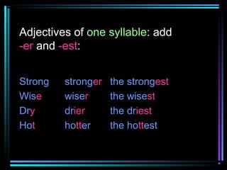 Adjectives of one syllable: add
-er and -est:
Strong
Wise
Dry
Hot

stronger
wiser
drier
hotter

the strongest
the wisest
the driest
the hottest

 