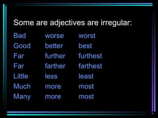 Some are adjectives are irregular:
Bad
Good
Far
Far
Little
Much
Many

worse
better
further
farther
less
more
more

worst
best
furthest
farthest
least
most
most

 