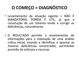 O COMEÇO = DIAGNÓSTICO
• Levantamento da situação vigente = NÃO É
MANDATÓRIO, PORÉM É UTIL, já que a
construção de um Sistema tende a corrigir as
deficiências, naturalmente
• O RESULTADO permite o levantamento de
informações para a realização de uma análise
crítica inicial, visando a identificar e apontar as
maiores deficiências encontradas, permitindo
previsão de esforços e recursos

 