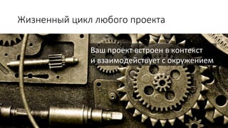 Жизненный  цикл  любого  проекта
Ваш	
  проект	
  встроен	
  в	
  контекст	
  
и	
  взаимодействует	
  с	
  окружением	
  

 