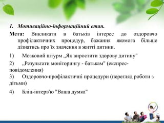 1. Мотиваційно-інформаційний етап.
Мета: Викликати в батьків інтерес до оздоровчо
профілактичних процедур, бажання якомога більше
дізнатись про їх значення в житті дитини.
1) Мозковий штурм „Як виростити здорову дитину"
2) „Результати моніторингу - батькам" (експресповідомлення)
3) Оздоровчо-профілактичні процедури (перегляд роботи з
дітьми)
4)

Бліц-інтерв'ю "Ваша думка"

 