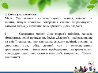 3. Етап узагальнення.
Мета: Узагальнити і систематизувати знання, навички та
вміння, набуті протягом попередніх етапів. Запропонувати
батькам вдома, у вихідний день провести День здоров'я
1)
Складання моделі Дня здоров'я (підйом, ранкова
гімнастика, водні процедури, бесіда „Здоров'я - найважливіше
на світі", сніданок, прогулянка на свіжому повітрі, рухливі та
спортивні ігри, обід, денний сон з використанням
аромоподушечок, гімнастика пробудження, загартовувальні
процедури, спортивне свято в колі сім'ї, наприклад, "Веселі
змагання")

 