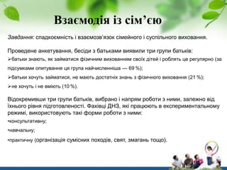 Взаємодія із сім’єю
Завдання: спадкоємність і взаємозв’язок сімейного і суспільного виховання.
Проведене анкетування, бесіди з батьками виявили три групи батьків:
батьки знають, як займатися фізичним вихованням своїх дітей і роблять це регулярно (за
підсумками опитування ця група найчисленніша — 69 %);
батьки хочуть займатися, не мають достатніх знань з фізичного виховання (21 %);
не хочуть і не вміють (10 %).

Відокремивши три групи батьків, вибрано і напрям роботи з ними, залежно від
їхнього рівня підготовленості. Фахівці ДНЗ, які працюють в експериментальному
режимі, використовують такі форми роботи з ними:
•консультативну;
•навчальну;
•практичну (організація сумісних походів, свят, змагань тощо).

 