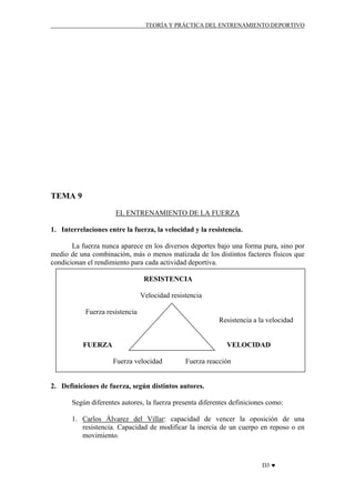 TEORÍA Y PRÁCTICA DEL ENTRENAMIENTO DEPORTIVO

TEMA 9
EL ENTRENAMIENTO DE LA FUERZA
1. Interrelaciones entre la fuerza, la velocidad y la resistencia.
La fuerza nunca aparece en los diversos deportes bajo una forma pura, sino por
medio de una combinación, más o menos matizada de los distintos factores físicos que
condicionan el rendimiento para cada actividad deportiva.
RESISTENCIA
Velocidad resistencia
Fuerza resistencia
Resistencia a la velocidad

FUERZA

VELOCIDAD
Fuerza velocidad

Fuerza reacción

2. Definiciones de fuerza, según distintos autores.
Según diferentes autores, la fuerza presenta diferentes definiciones como:
1. Carlos Álvarez del Villar: capacidad de vencer la oposición de una
resistencia. Capacidad de modificar la inercia de un cuerpo en reposo o en
movimiento.

D3 ♥

 