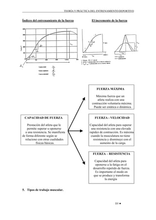 TEORÍA Y PRÁCTICA DEL ENTRENAMIENTO DEPORTIVO

Índices del entrenamiento de la fuerza

El incremento de la fuerza

FUERZA MÁXIMA
Máxima fuerza que un
atleta realiza con una
contracción voluntaria máxima.
Puede ser estática o dinámica.

CAPACIDAD DE FUERZA

FUERZA - VELOCIDAD

Prestación del atleta que le
permite superar u oponerse
a una resistencia. Se manifiesta
de forma diferente según se
relacione con otras cualidades
físicas básicas.

Capacidad del atleta para superar
una resistencia con una elevada
rapidez de contracción. Es máxima
cuando la musculatura no tiene
resistencia y disminuye con el
aumento de la carga.

FUERZA – RESISTENCIA
Capacidad del atleta para
oponerse a la fatiga en el
desarrollo repetido de fuerza.
Es importante el modo en
que se produce y transforma
la energía

5. Tipos de trabajo muscular.

D3 ♥

 