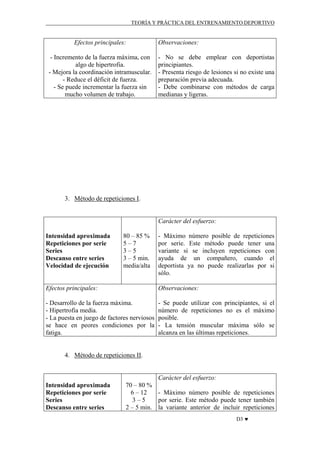 TEORÍA Y PRÁCTICA DEL ENTRENAMIENTO DEPORTIVO

Efectos principales:
- Incremento de la fuerza máxima, con
algo de hipertrofia.
- Mejora la coordinación intramuscular.
- Reduce el déficit de fuerza.
- Se puede incrementar la fuerza sin
mucho volumen de trabajo.

Observaciones:
- No se debe emplear con deportistas
principiantes.
- Presenta riesgo de lesiones si no existe una
preparación previa adecuada.
- Debe combinarse con métodos de carga
medianas y ligeras.

3. Método de repeticiones I.

Carácter del esfuerzo:
Intensidad aproximada
Repeticiones por serie
Series
Descanso entre series
Velocidad de ejecución

80 – 85 %
5–7
3–5
3 – 5 min.
media/alta

- Máximo número posible de repeticiones
por serie. Este método puede tener una
variante si se incluyen repeticiones con
ayuda de un compañero, cuando el
deportista ya no puede realizarlas por si
sólo.

Efectos principales:

Observaciones:

- Desarrollo de la fuerza máxima.
- Hipertrofia media.
- La puesta en juego de factores nerviosos
se hace en peores condiciones por la
fatiga.

- Se puede utilizar con principiantes, si el
número de repeticiones no es el máximo
posible.
- La tensión muscular máxima sólo se
alcanza en las últimas repeticiones.

4. Método de repeticiones II.

Intensidad aproximada
Repeticiones por serie
Series
Descanso entre series

Carácter del esfuerzo:
70 – 80 %
- Máximo número posible de repeticiones
6 – 12
por serie. Este método puede tener también
3–5
2 – 5 min. la variante anterior de incluir repeticiones
D3 ♥

 