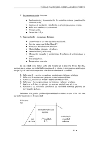 TEORÍA Y PRÁCTICA DEL ENTRENAMIENTO DEPORTIVO

3. Factores neuronales: destacan:
•
•
•
•
•

Reclutamiento y frecuenciación de unidades motoras (coordinación
intramuscular).
Cambios de excitación e inhibición en el sistema nervioso central.
Velocidad conductora de estímulos.
Preinervación.
Inervación refleja.

4. Factores tendo – musculares: destacan:
•
•
•
•
•
•
•
•

Distribución de los tipos de fibras musculares.
Sección transversal de las fibras FT.
Velocidad de contracción muscular.
Elasticidad de músculos y tendones.
Extensibilidad (viscosidad).
Elongación muscular y condiciones de palanca de extremidades y
tronco.
Vías energéticas.
Temperatura muscular.

La velocidad como hemos visto está presente en la mayoría de los deportes,
aunque sea en una de las modalidades motrices de la misma. A continuación analizamos
en qué tipo de movimiento aparecen estas formas motrices de velocidad:
1.
2.
3.
4.
5.
6.

Velocidad de reacción: presente en movimientos cíclicos y acíclicos.
Velocidad de movimiento: presente en movimiento cíclicos.
Velocidad frecuencial: presente en movimientos cíclicos.
Velocidad – fuerza: presente en movimientos cíclicos y acíclicos.
Resistencia de fuerza explosiva: presente en movimientos acíclicos.
Resistencia de velocidad (resistencia de velocidad máxima): presente en
movimientos cíclicos.

Dentro de este gráfico quedan representado el momento en que se da cada una
de las formas motrices de velocidad:
Velocidad
m/s

momento velocidad
máxima

cap.
Acelerar

- Velocidad P.D.

Resistencia
velocidad
máxima

D3 ♥

 
