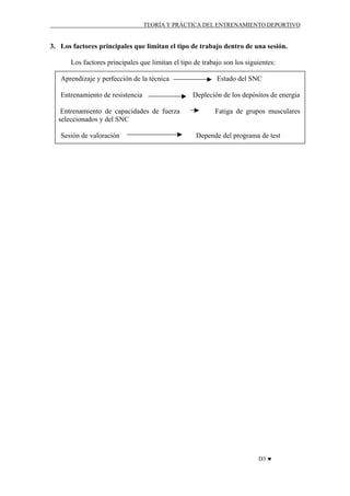TEORÍA Y PRÁCTICA DEL ENTRENAMIENTO DEPORTIVO

3. Los factores principales que limitan el tipo de trabajo dentro de una sesión.
Los factores principales que limitan el tipo de trabajo son los siguientes:
Aprendizaje y perfección de la técnica
Entrenamiento de resistencia
Entrenamiento de capacidades de fuerza
seleccionados y del SNC
Sesión de valoración

Estado del SNC
Depleción de los depósitos de energía
Fatiga de grupos musculares

Depende del programa de test

D3 ♥

 