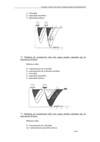 TEORÍA Y PRÁCTICA DEL ENTRENAMIENTO DEPORTIVO

1= velocidad.
2= capacidad anaeróbica
3= capacidad aeróbica.

7.4. Dinámica de recuperación entre dos cargas grandes separadas por un
intervalo de 24 horas.
Debemos saber:
V= entrenamiento de velocidad.
A= entrenamiento de resistencia aeróbica.
1= velocidad.
2= capacidad anaeróbica.
3= capacidad aeróbica.

7.5. Dinámica de recuperación entre tres cargas grandes separadas por un
intervalo de 24 horas.
Debemos saber:
V= entrenamiento de velocidad.
An= entrenamiento anaeróbico láctico.
D3 ♥

 