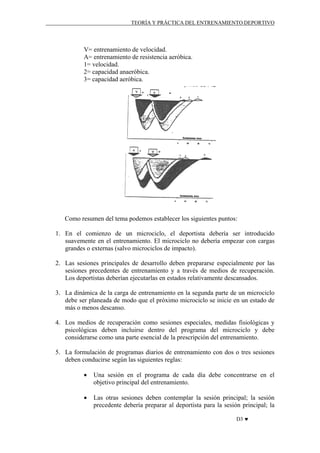 TEORÍA Y PRÁCTICA DEL ENTRENAMIENTO DEPORTIVO

V= entrenamiento de velocidad.
A= entrenamiento de resistencia aeróbica.
1= velocidad.
2= capacidad anaeróbica.
3= capacidad aeróbica.

Como resumen del tema podemos establecer los siguientes puntos:
1. En el comienzo de un microciclo, el deportista debería ser introducido
suavemente en el entrenamiento. El microciclo no debería empezar con cargas
grandes o externas (salvo microciclos de impacto).
2. Las sesiones principales de desarrollo deben prepararse especialmente por las
sesiones precedentes de entrenamiento y a través de medios de recuperación.
Los deportistas deberían ejecutarlas en estados relativamente descansados.
3. La dinámica de la carga de entrenamiento en la segunda parte de un microciclo
debe ser planeada de modo que el próximo microciclo se inicie en un estado de
más o menos descanso.
4. Los medios de recuperación como sesiones especiales, medidas fisiológicas y
psicológicas deben incluirse dentro del programa del microciclo y debe
considerarse como una parte esencial de la prescripción del entrenamiento.
5. La formulación de programas diarios de entrenamiento con dos o tres sesiones
deben conducirse según las siguientes reglas:
•

Una sesión en el programa de cada día debe concentrarse en el
objetivo principal del entrenamiento.

•

Las otras sesiones deben contemplar la sesión principal; la sesión
precedente debería preparar al deportista para la sesión principal; la
D3 ♥

 