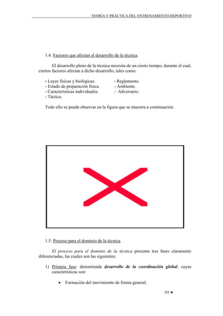 TEORÍA Y PRÁCTICA DEL ENTRENAMIENTO DEPORTIVO

1.4. Factores que afectan al desarrollo de la técnica.
El desarrollo pleno de la técnica necesita de un cierto tiempo, durante el cual,
ciertos factores afectan a dicho desarrollo, tales como:
- Leyes físicas y biológicas.
- Estado de preparación física.
- Características individuales.
- Táctica.

- Reglamento.
- Ambiente.
- Adversario.

Todo ello se puede observar en la figura que se muestra a continuación:

1.5. Proceso para el dominio de la técnica.
El proceso para el dominio de la técnica presenta tres fases claramente
diferenciadas, las cuales son las siguientes:
1) Primera fase: denominada desarrollo de la coordinación global, cuyas
características son:
•

Formación del movimiento de forma general.
D3 ♥

 