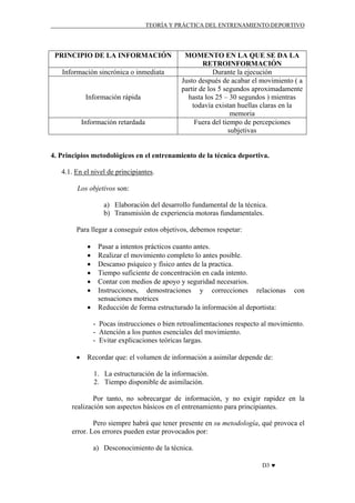 TEORÍA Y PRÁCTICA DEL ENTRENAMIENTO DEPORTIVO

PRINCIPIO DE LA INFORMACIÓN
Información sincrónica o inmediata

Información rápida

Información retardada

MOMENTO EN LA QUE SE DA LA
RETROINFORMACIÓN
Durante la ejecución
Justo después de acabar el movimiento ( a
partir de los 5 segundos aproximadamente
hasta los 25 – 30 segundos ) mientras
todavía existan huellas claras en la
memoria
Fuera del tiempo de percepciones
subjetivas

4. Principios metodológicos en el entrenamiento de la técnica deportiva.
4.1. En el nivel de principiantes.
Los objetivos son:
a) Elaboración del desarrollo fundamental de la técnica.
b) Transmisión de experiencia motoras fundamentales.
Para llegar a conseguir estos objetivos, debemos respetar:
•
•
•
•
•
•
•

Pasar a intentos prácticos cuanto antes.
Realizar el movimiento completo lo antes posible.
Descanso psíquico y físico antes de la practica.
Tiempo suficiente de concentración en cada intento.
Contar con medios de apoyo y seguridad necesarios.
Instrucciones, demostraciones y correcciones relacionas
sensaciones motrices
Reducción de forma estructurado la información al deportista:

con

- Pocas instrucciones o bien retroalimentaciones respecto al movimiento.
- Atención a los puntos esenciales del movimiento.
- Evitar explicaciones teóricas largas.
•

Recordar que: el volumen de información a asimilar depende de:
1. La estructuración de la información.
2. Tiempo disponible de asimilación.

Por tanto, no sobrecargar de información, y no exigir rapidez en la
realización son aspectos básicos en el entrenamiento para principiantes.
Pero siempre habrá que tener presente en su metodología, qué provoca el
error. Los errores pueden estar provocados por:
a) Desconocimiento de la técnica.
D3 ♥

 