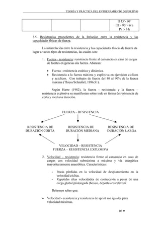 TEORÍA Y PRÁCTICA DEL ENTRENAMIENTO DEPORTIVO

II 35´- 90´
III > 90´ - 6 h
IV > 6 h
3.5. Resistencias procedentes de la Relación entre la resistencia y las
capacidades físicas de fuerza.
La interrelación entre la resistencia y las capacidades físicas de fuerza da
lugar a varios tipos de resistencias, las cuales son:
1. Fuerza – resistencia: resistencia frente al cansancio en caso de cargas
de fuertes exigencias ala fuerza. Abarcan:
•
•

Fuerza - resistencia estática y dinámica.
Resistencia a la fuerza máxima y explosiva en ejercicios cíclicos
y acíclicos. Con trabajos de fuerza del 80 al 90% de la fuerza
máxima (Thiess/Schnabel, 1986,91).

Según Harre (1982), la fuerza - resistencia y la fuerza –
resistencia explosiva se manifiestan sobre todo en forma de resistencia de
corta y mediana duración.

FUERZA – RESISTENCIA

RESISTENCIA DE
DURACIÓN CORTA

RESISTENCIA DE
DURACIÓN MEDIANA

RESISTENCIA DE
DURACIÓN LARGA

VELOCIDAD – RESISTENCIA
FUERZA – RESISTENCIA EXPLOSIVA
2. Velocidad – resistencia: resistencia frente al cansancio en caso de
cargas con velocidad submáxima a máxima y vía energética
mayoritariamente anaeróbica. Características:
-

Pocas pérdidas en la velocidad de desplazamiento en la
velocidad cíclica.
Repetidas altas velocidades de contracción a pesar de una
carga global prolongada (boxeo, deportes colectivos9

Debemos saber que:
•

Velocidad - resistencia y resistencia de sprint son iguales para
velocidad máximas.
D3 ♥

 