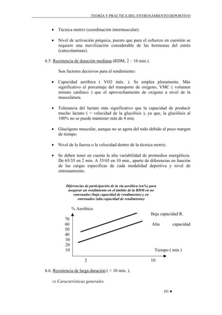 TEORÍA Y PRÁCTICA DEL ENTRENAMIENTO DEPORTIVO

• Técnica motriz (coordinación intermuscular).
• Nivel de activación psíquica, puesto que para el esfuerzo en cuestión se
requiere una movilización considerable de las hormonas del estrés
(catecolaminas).
6.5. Resistencia de duración mediana (RDM, 2 – 10 min.).
Son factores decisivos para el rendimiento:
• Capacidad aeróbica ( VO2 máx. ). Se emplea plenamente. Más
significativo el porcentaje del transporte de oxígeno, VMC ( volumen
minuto cardiaco ) que el aprovechamiento de oxígeno a nivel de la
musculatura.
• Tolerancia del lactato más significativo que la capacidad de producir
mucho lactato ( = velocidad de la glucólisis ), ya que, la glucólisis al
100% no se puede mantener más de 4 min.
• Glucógeno muscular, aunque no se agota del todo debido al poco margen
de tiempo.
• Nivel de la fuerza o la velocidad dentro de la técnica motriz.
• Se deben tener en cuenta la alta variabilidad de promedios energéticos.
De 65/35 en 2 min. A 35/65 en 10 min., aparte de diferencias en función
de las cargas especificas de cada modalidad deportiva y nivel de
entrenamiento.

Diferencias de participación de la vía aeróbica (en%) para
asegurar un rendimiento en el ámbito de la RDM en no
entrenados (baja capacidad de rendimiento) y en
entrenados (alta capacidad de rendimiento)

% Aeróbico
Baja capacidad R.
70
60
50
40
30
20
10

Alta

capacidad

Tiempo ( min )
2

10

6.6. Resistencia de larga duración ( > 10 min. ).
⇒ Características generales.
D3 ♥

 
