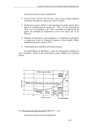 TEORÍA Y PRÁCTICA DEL ENTRENAMIENTO DEPORTIVO

Son factores decisivos para el rendimiento:
• Nivel de UAn ( 85-91% del V02 máx. ) por lo que se puede mantener
una buena velocidad con valores de LA de 2-3 mmol/l.
• Oxidación de grasas, debido al alto porcentaje de ácidos grasos libres
dentro de la producción de energía (30 – 70% ). El alto porcentaje de
fibras I en la musculatura ( 80 - 90% ) posibilita la oxidación de las
grasas. (El contenido de triglicéridos es tres veces mayor que en las
fibras II).
• Depósitos de glucógeno y gluconeogénesis. Los depósitos de glucógeno
se agotan por lo que se aconseja la ingesta en forma líquida. Mayor
degradación proteica ( hasta un 10% ).
• Termoregulación y equilibrio electrolítico/acuático.
Las posibilidades de planificar la carga de entrenamiento mediante la
curva velocidad – lactato en los maratonianos, queda reflejado en la siguiente
gráfica:

6.10. Resistencia de larga duración IV (RDL IV, > 6 h ).
Son factores decisivos para el rendimiento:
D3 ♥

 