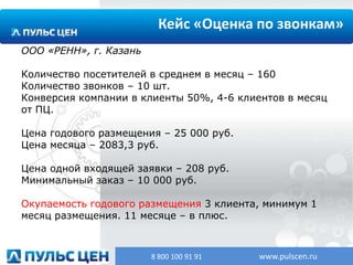 Кейс «Оценка по звонкам»
ООО «РЕНН», г. Казань
Количество посетителей в среднем в месяц – 160
Количество звонков – 10 шт.
Конверсия компании в клиенты 50%, 4-6 клиентов в месяц
от ПЦ.
Цена годового размещения – 25 000 руб.
Цена месяца – 2083,3 руб.
Цена одной входящей заявки – 208 руб.
Минимальный заказ – 10 000 руб.
Окупаемость годового размещения 3 клиента, минимум 1
месяц размещения. 11 месяце – в плюс.

8 800 100 91 91

www.pulscen.ru

 