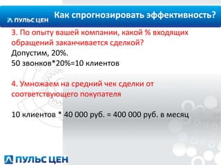 Как спрогнозировать эффективность?
3. По опыту вашей компании, какой % входящих
обращений заканчивается сделкой?
Допустим, 20%.
50 звонков*20%=10 клиентов
4. Умножаем на средний чек сделки от
соответствующего покупателя
10 клиентов * 40 000 руб. = 400 000 руб. в месяц

 