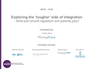 09.00 – 10.00

Exploring the ‘tougher’ side of integration
- What part should regulators and patients play?
Facilitated by:
Hedley Rees

Panellists Include:
Bethan Bishop

RamaswamiRamanan

Drew Hope

Nick Rich

 