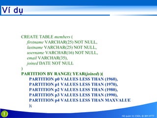 Ví dụ
CREATE TABLE members (
firstname VARCHAR(25) NOT NULL,
lastname VARCHAR(25) NOT NULL,
username VARCHAR(16) NOT NULL,
email VARCHAR(35),
joined DATE NOT NULL
)
PARTITION BY RANGE( YEAR(joined) )(
PARTITION p0 VALUES LESS THAN (1960),
PARTITION p1 VALUES LESS THAN (1970),
PARTITION p2 VALUES LESS THAN (1980),
PARTITION p3 VALUES LESS THAN (1990),
PARTITION p4 VALUES LESS THAN MAXVALUE
);
7

Hệ quản trị CSDL @ BM HTTT

 
