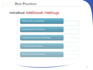 Best Practices

Introduce Additional Meetings
Daily Catch-up meeting

Communities of Practice

Frequent Estimation meetings

Pre planning meeting

Problem Solving meeting

18

 