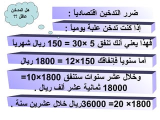 ‫ضرر التدخين اقتصاديا :‬
‫ ً‬

‫هل المدخن‬
‫عاقل ؟؟‬

‫إذا كنت تدخن علبة يوميا :‬
‫ ً‬
‫ ً‬
‫فهذا يعني أقنك تنفق 5 ×03 = 051 ريال شهريا‬
‫أما تسنويا فإقنفاقك 051×21 = 0081 ريال‬
‫ ً‬
‫وخلل عشر تسنوات تستنفق 0081×01=‬
‫00081 ثماقنية عشر ألف ريال .‬
‫0081× 02= 00063ريال خلل عشرين تسنة .‬

 