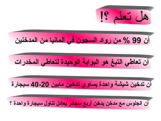 ‫هل تعلم ؟!‬
‫أن 99 % من رواد السجون في ألمانيا من المدخنين‬
‫أن تعاطي التبغ هو البوابة الوحيدة لتعاطي المخدرات‬
‫أن تدخين شيشة واحدة يساوي تدخين مابين 02-04 سيجارة‬
‫أن الجلوس مع مدخن يدخن أربع سجائر يعادل تناول سيجارة واحدة ؟‬

 