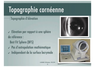 Topographie cornéenne
Topographie d'élévation

Elévation par rapport à une sphère
de référence :
Best Fit Sphere (BFS)
✔ Pas d’extrapolation mathématique
✔ Indépendant de la surface lacrymale
✔

J-A.DOUAUD - ISO Bordeaux - 2013/2014

15

 