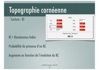 Topographie cornéenne
Lecture : KI

KI = Keratoconus Index
Probabilité de présence d’un KC
Augmente en fonction de l’évolution du KC
J-A.DOUAUD - ISO Bordeaux - 2013/2014

28

 
