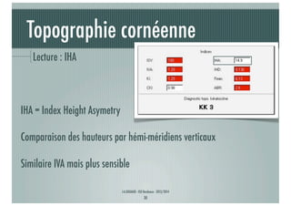 Topographie cornéenne
Lecture : IHA

IHA = Index Height Asymetry
Comparaison des hauteurs par hémi-méridiens verticaux
Similaire IVA mais plus sensible
J-A.DOUAUD - ISO Bordeaux - 2013/2014

30

 